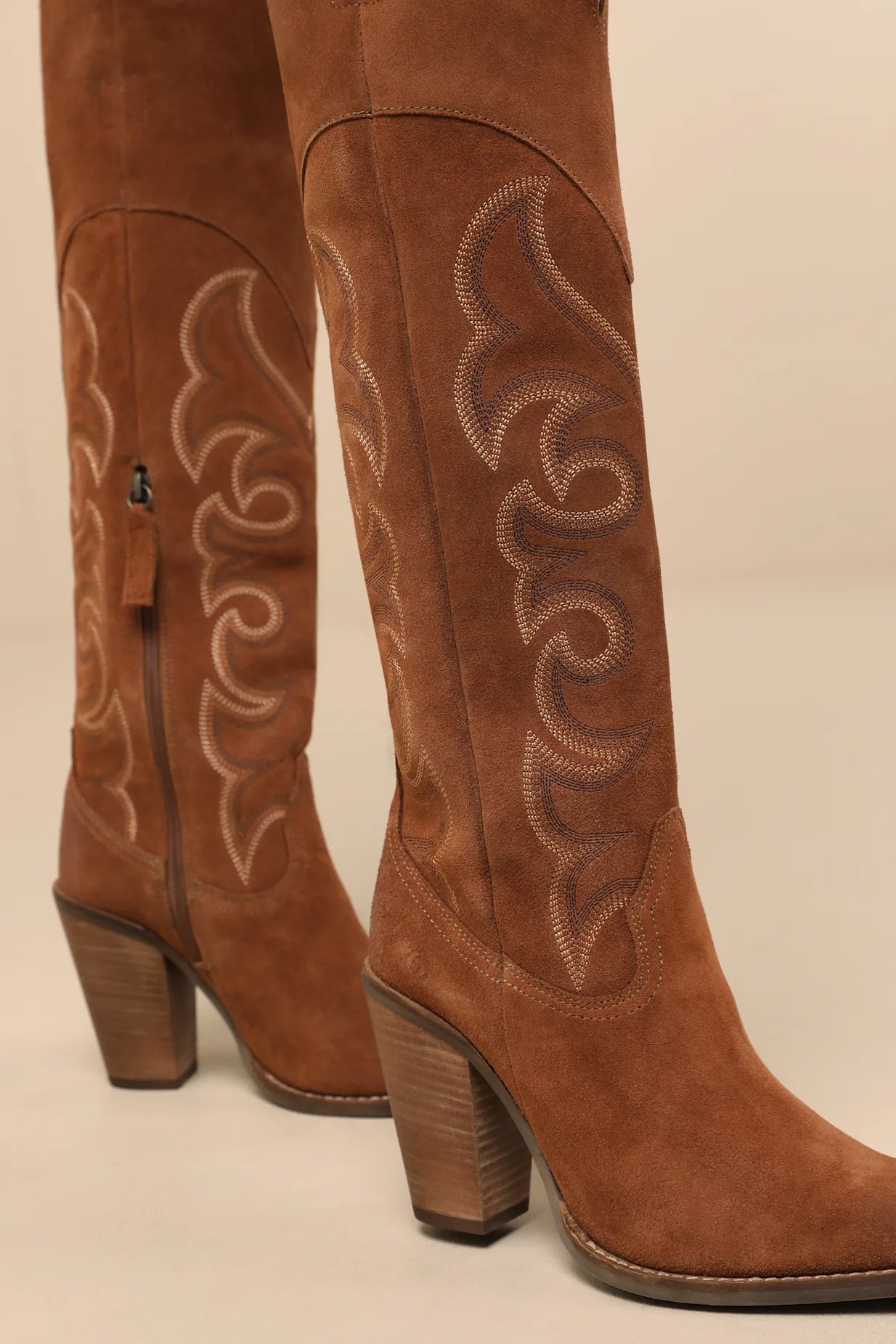 Mina-Brown Suede Leather Over-The-Knee Western Boots