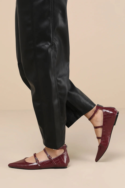 Mina-urgundy Crocodile-Embossed Ankle Strap Ballet Flats