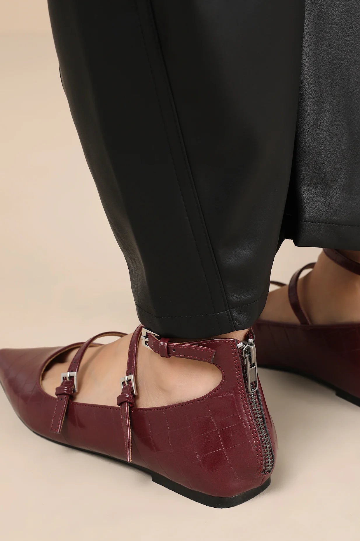 Mina-urgundy Crocodile-Embossed Ankle Strap Ballet Flats