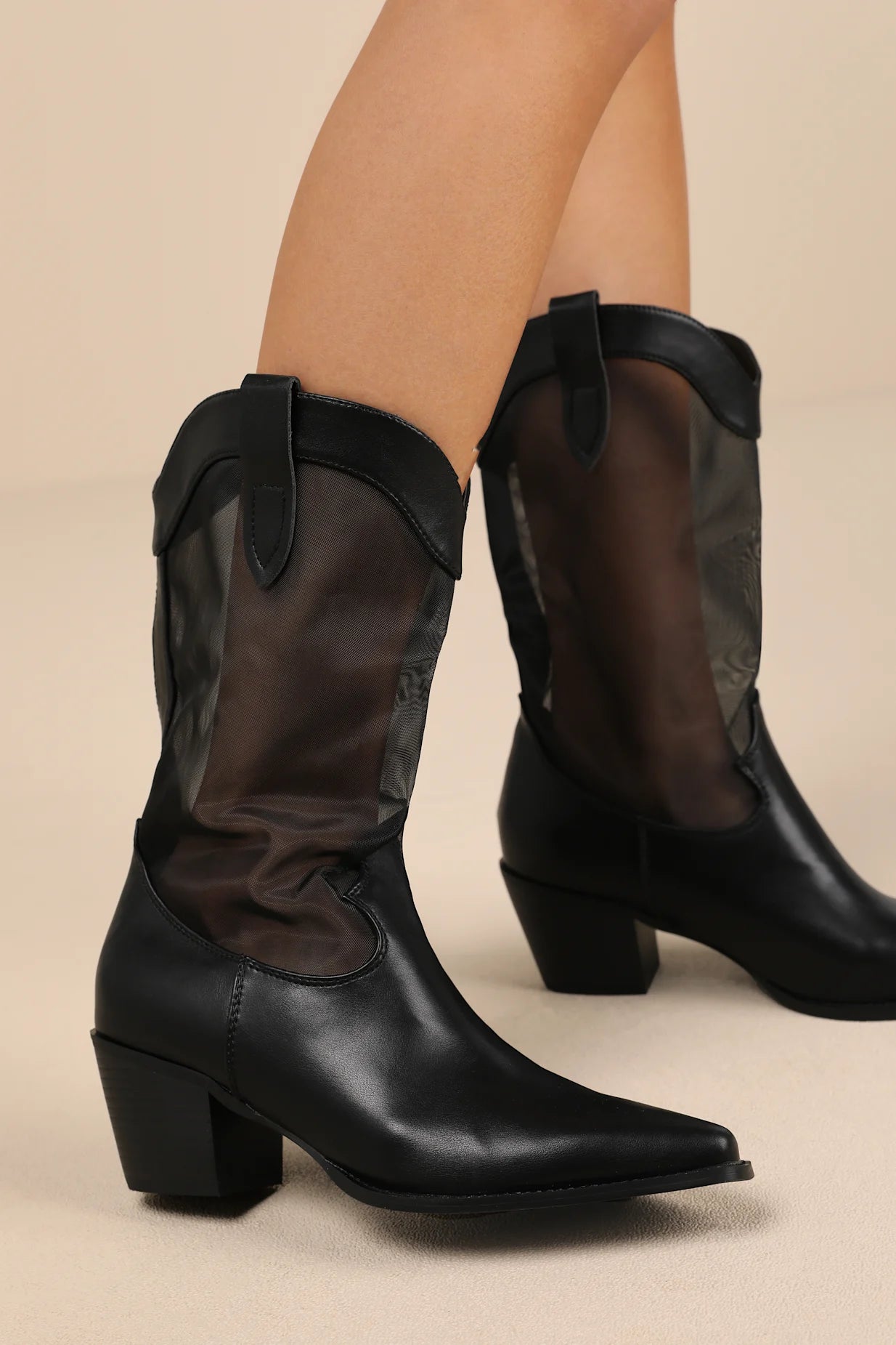 Mina-Black Sheer Mesh Mid-Calf Western Boots