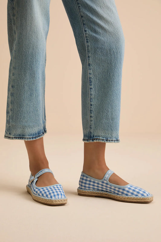 Mina-Blue Gingham Buckle Mary Jane Flats