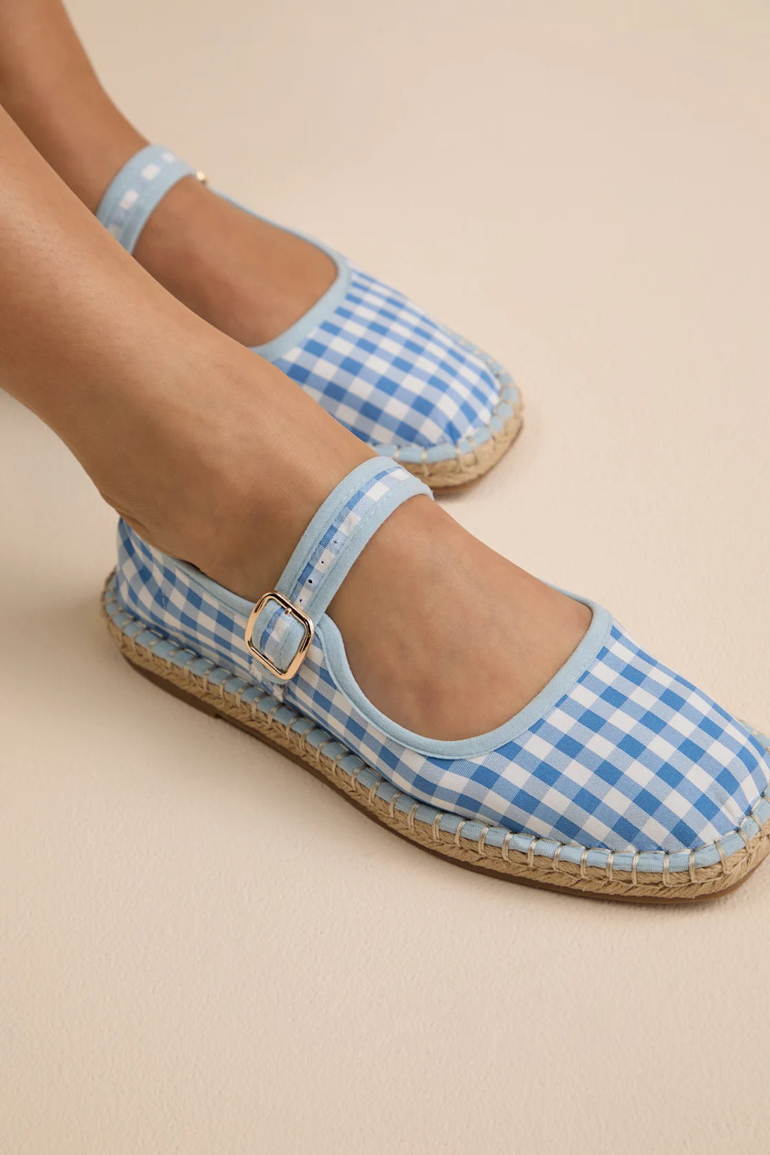 Mina-Blue Gingham Buckle Mary Jane Flats